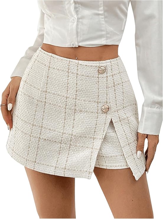 Women's Elegant Plaid High Waist Split Button Front Tweed Shorts