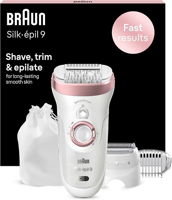 Braun Silk-épil 9 Epilator, With Shaver & Trimmer Head, Shave, Trim & Epilate For Long-Lasting Smooth Skin, Provides Smooth Skin For Weeks, 100% Waterproof, 2 Pin Bathroom Plug, 9-720, White/Pink