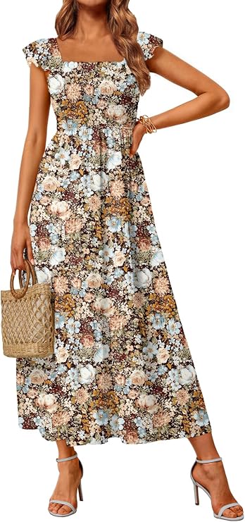 LILLUSORY Womens Square Neck Floral Ruffle Sleeve Maxi Dress 2026 Smocked Boho Vintage Sundress with Pockets