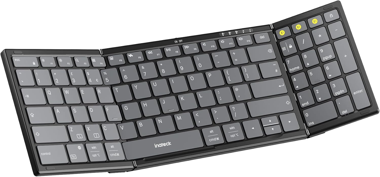 Inateck Foldable Wireless Keyboard with Number Pad, Multi-Device Bluetooth Folding Keyboard with Smart AI Function, Portable Design for iPad/iPhone/Android/Windows/Tablets, with Stand, Nomad N0135