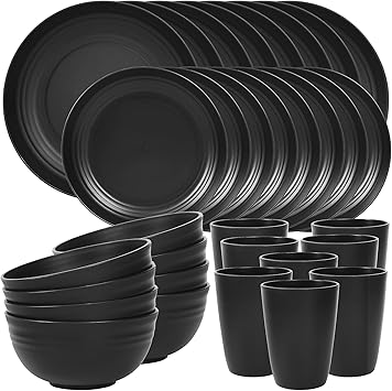 Quatish 32 Piece Plates and Bowls Sets for 8, Unbreakable Dinnerware Sets, Dish Set for Camping, Dishwasher Microwave Safe, Outdoor Kitchen and Apartment Dinning RV Essentials, Black