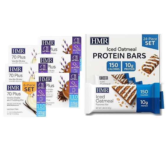 HMR 70 Plus Vanilla + Chocolate Shake & Pudding Mix COMBO (21 Servings Each) With Iced Oatmeal Protein Bar (24 Count)