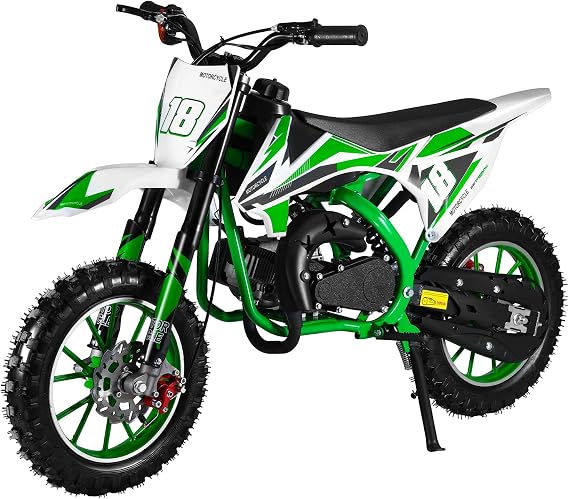 50cc キッズ ダートバイク ガス駆動 2ストロークミニモトクロスバイク オフロード ダートバイク 8-14歳の子供用 フロント/リアディスクブレーキ付き 衝撃吸収 ソフトシートクッション