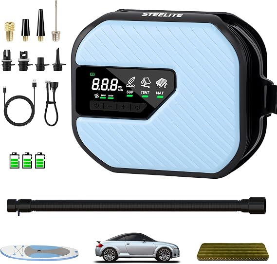 Electric Paddle Board Pump Portable, 50PSI High Pressure SUP Air Pump with Auto-Off, Dual Stage Inflation & Deflation, Digital Inflator for Paddle Board, Boat, Tent, Air Mattress (Sky Blue)