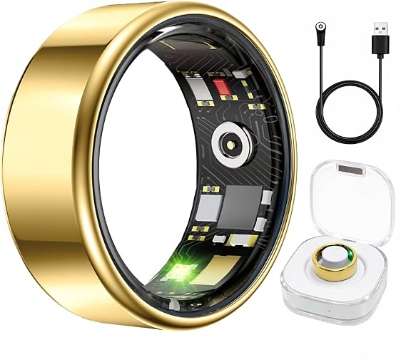 Smart Ring Health & Fitness Tracker for Men & Women, Heart Rate, SPO2, Sleep & Activity Monitoring, IP68 Waterproof, Long Battery Life, Family Care Mode, No Subscription Fee (Gold, 7)
