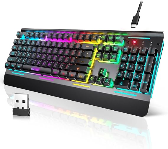 TECKNET Wireless Gaming Keyboard, 4000mAh Rechargeable Keyboard | 2-in-1 (2.4G Wireless & Wired) Connection, 15-Zone RGB Backlit, Whisper Quiet Design, 25 Anti-ghosting Keys, Metal Panel