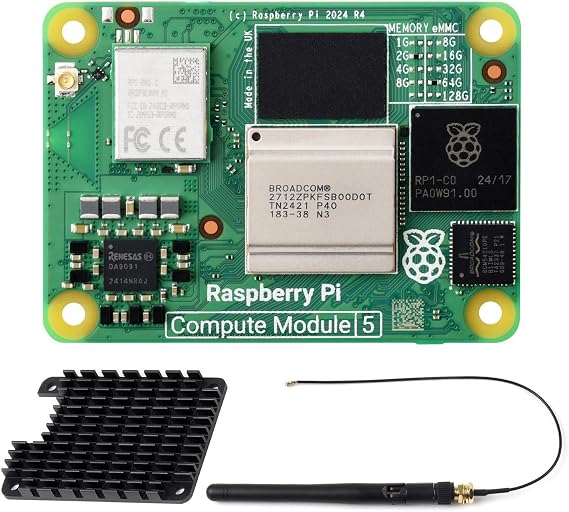 Waveshare CM5 Pi Compute Module 5, with an Official Raspberry Pi CM5102064(with Wireless, 2GB RAM, 64GB eMMC Flash), an Antenna Kit and a HEATSINK. (3 Items)