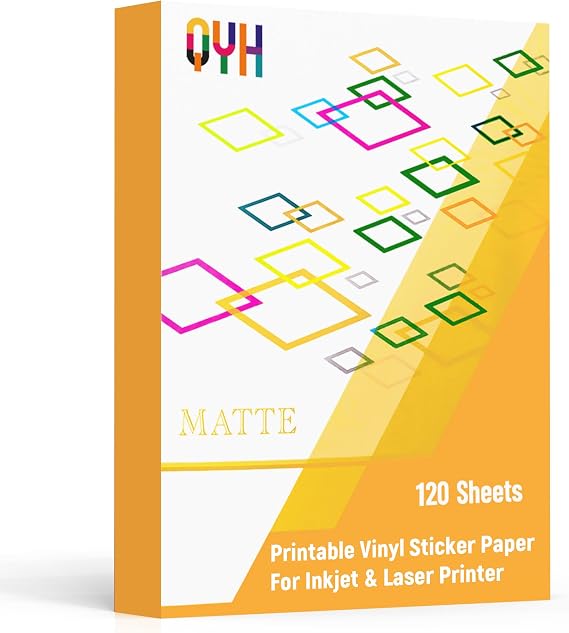 QYH Premium Matte Printable Vinyl Sticker Paper, 120 Sheets White Bulk