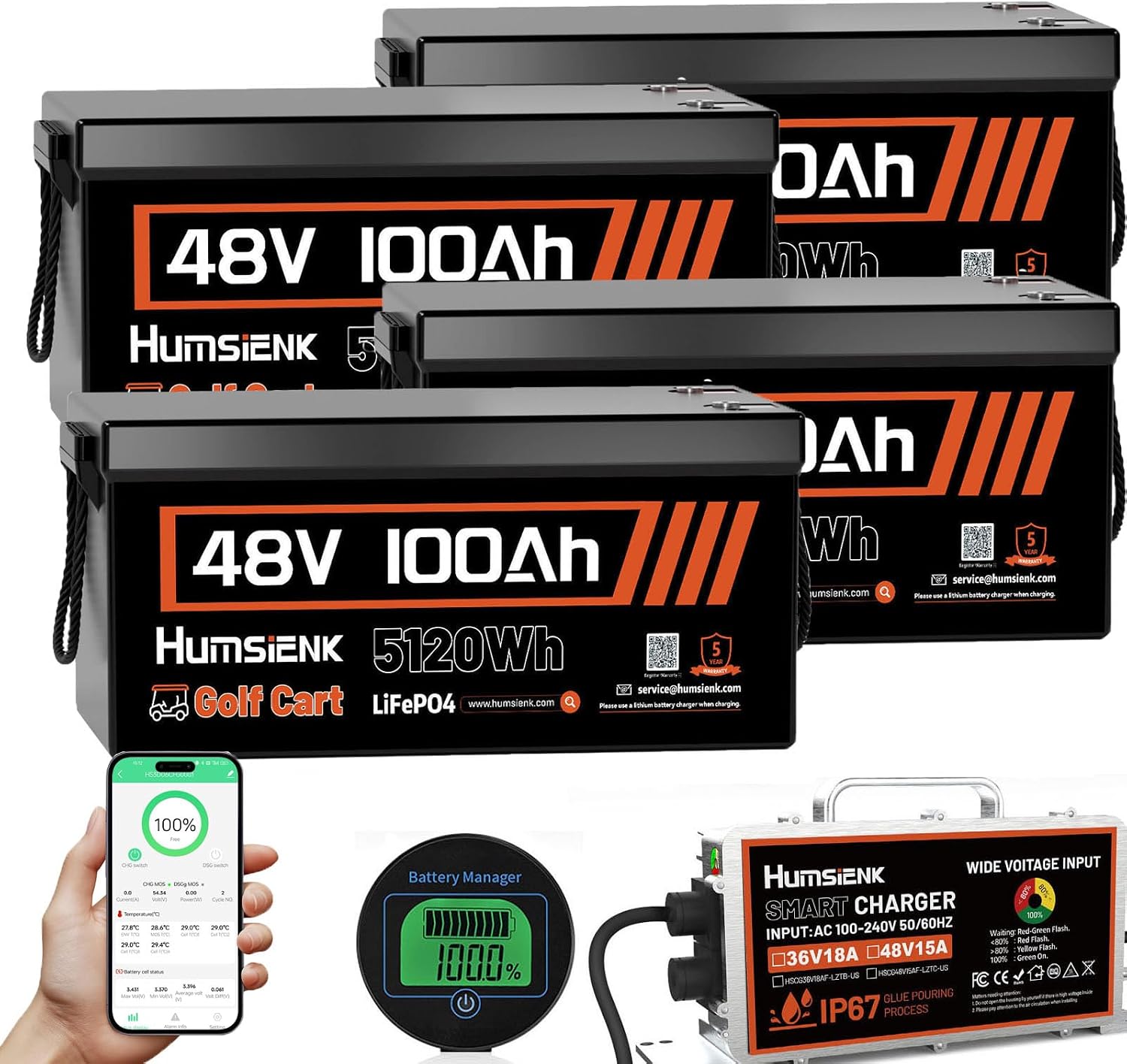 4PCS 48 Volt Lithium Battery for Golf Cart with 48V 15A Charger, 100A Lifepo4 Batterys Built-in Bluetooth 5.0 & 200A BMS, 15000 Deep Cycle Lithium Battery, 42-58 Mile Ranges for Golf Cart
