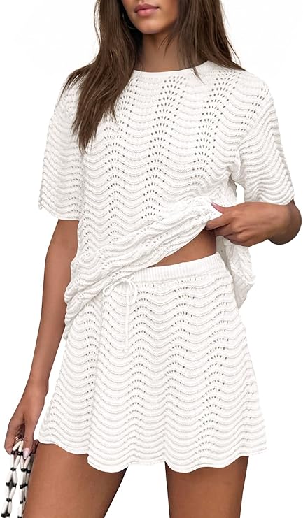 Fisoew Womens Crochet Swimsuit Coverup 2 Piece Skirt Sets Bathing Suit Cover Up Knit Beach Vacation Clothes Summer Outfits