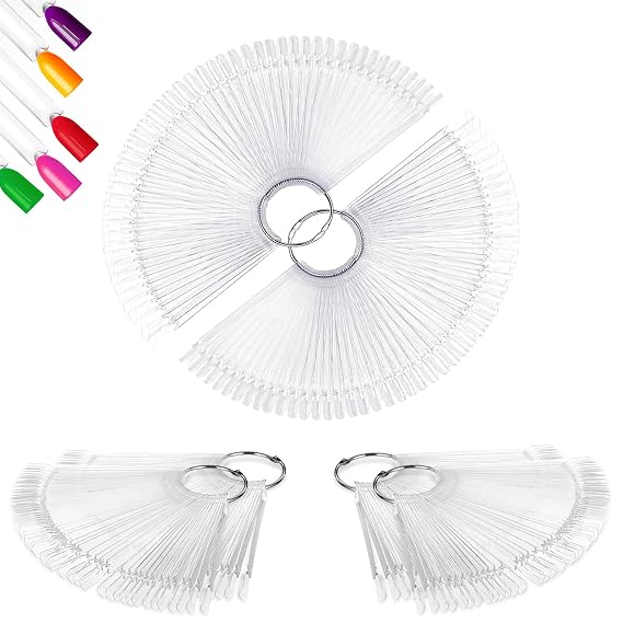 ADULLPONY 200Pcs Nail Swatch Sticks - Clear Nail Polish Swatches for Gel Polish, Nail Color Display Sample Sticks with Rings, 4 Bags of 50 Almond Nail Tips for Nail Art Practice & Salon Use