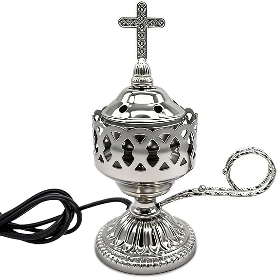 Electric Incense Burner, Frankincense Charcoal Incense Stand, Bakhoor Incense Burner Holder, Ideal for Aromatherapy, Yoga and Spa, Home and Christian Church Censer (Silver)