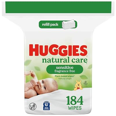 Huggies Natural Care Sensitive Baby Wipes, Unscented, Hypoallergenic, 99% Purified Water, 1 Refill Pack 184 Wipes Total