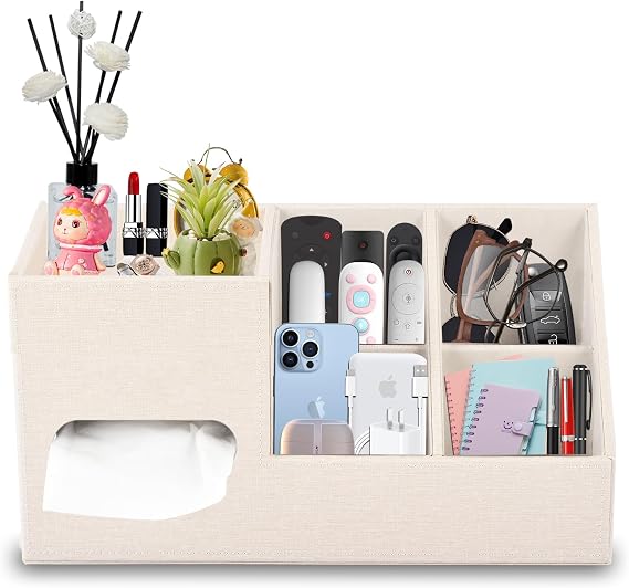 Plus Size Tissue Box Cover-Square Linen Tissue Cover with Side Storage and Tray,Modern Makeup Organizer,Leather Tissue Holder Decorative Cube Organizer for Living Room Vanity NightStand Office,Beige