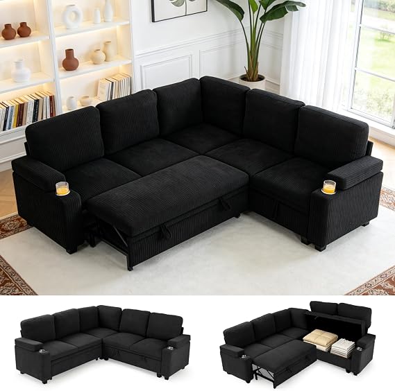 85" Modular Sectional Sofa Bed with Cup Holders, L-Shaped Pull Out Couch