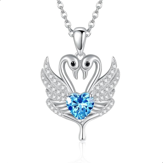 Swan Necklace 925 Sterling Silver Blue Heart Zircon Wishbone Swan Pendant Necklaces Two Swan Jewelry Gifts for Women Wife Swan Lover