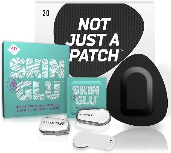 Not Just a Patch & Skin Glu Combo Pack, Adhesive Patches for CGM and Infusion Site, Compatible with Dexcom G4 G5 G6 & MiaoMiao Sensors, Plus CGM Patch Barrier Wipes, (20 Black Patches & 40 Wipes)