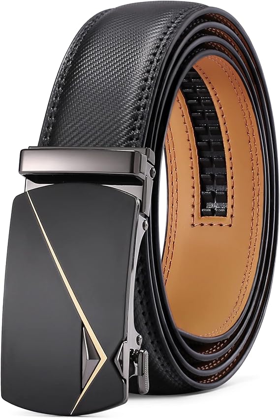 SENDEFN Leather Belt for Men Automatic Ratchet Buckle Slide Dress Casual Belts 1 3/8'' Wide Adjustable Trim to Fit(Black-20)