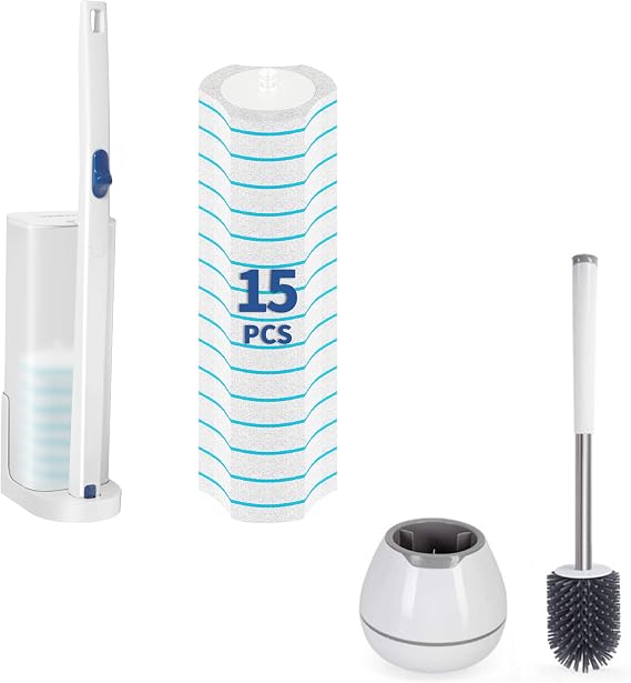 BOOMJOY Toilet Cleaning Bundle, Disposable Toilet Brush with 15 Cleaning Pads and Classic Toilet Brush with Aluminum Handle and Tweezer