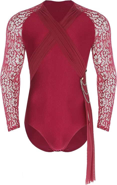 JanJean Men Latin Ballroom Dance Shirt Floral Lace Long Sleeve Leotard Jumpsuit for Ballet Chacha Gymnastics