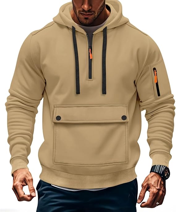 Tactical Hoodies for Men Quarter Zip Workout Gym Cargo Hooded Sweatshirts Outdoor Winter Fleece Jacket with Pockets
