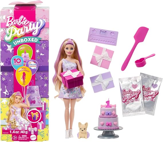10 surprises including Barbie Party Pack dolls and accessories, My Little Friend's Birthday series Birthday Bows set and cake decorating event with color change, JFG70