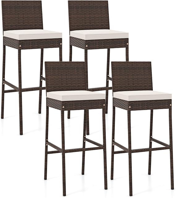 COSTWAY Outdoor Wicker Bar Stools Set of 4 with Cushion and Back Support | 30'' Patio Bar Height Chairs with Footrest, All-weather Rattan Barstools for Backyard Poolside Deck Balcony Garden (Brown)