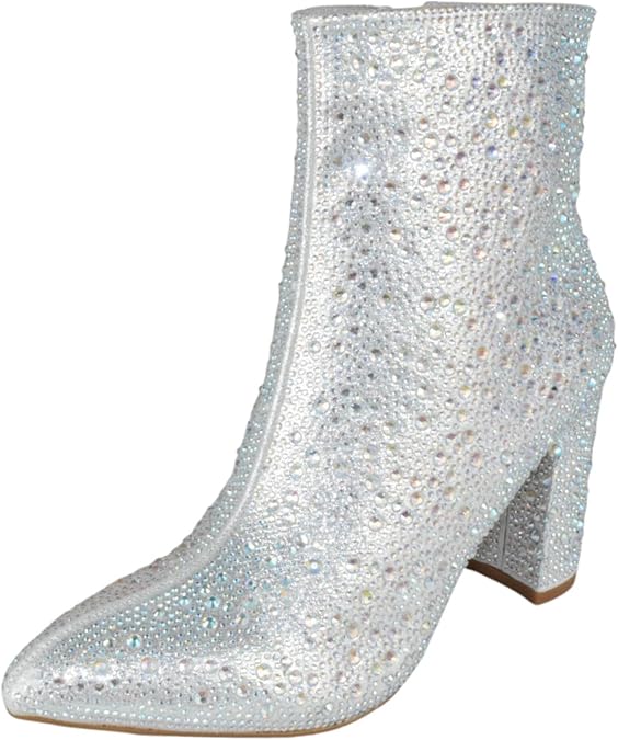 TOP Moda Women Ankle Boots Block High Heels Rhinestone Bling Glitter Short Booties Side Zipper Pointed-Toe Brazil-8