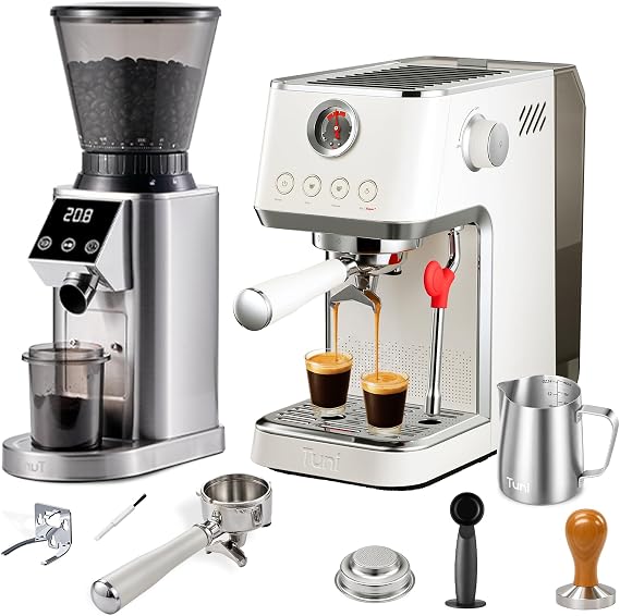 Tuni E2 Gen3 Espresso Machine with G1 Conical Burr Coffee Grinder, Silver