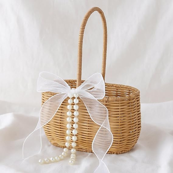 SiliFine 1 Pcs Wicker Rattan Flower Girl Basket with Bows and Pearl 11.8x8.7x5.1 Inches Rustic Wedding Basket for Flower Girl, Hand Woven Willow Storage for Ceremonies Home Decoration (Large,Classic)