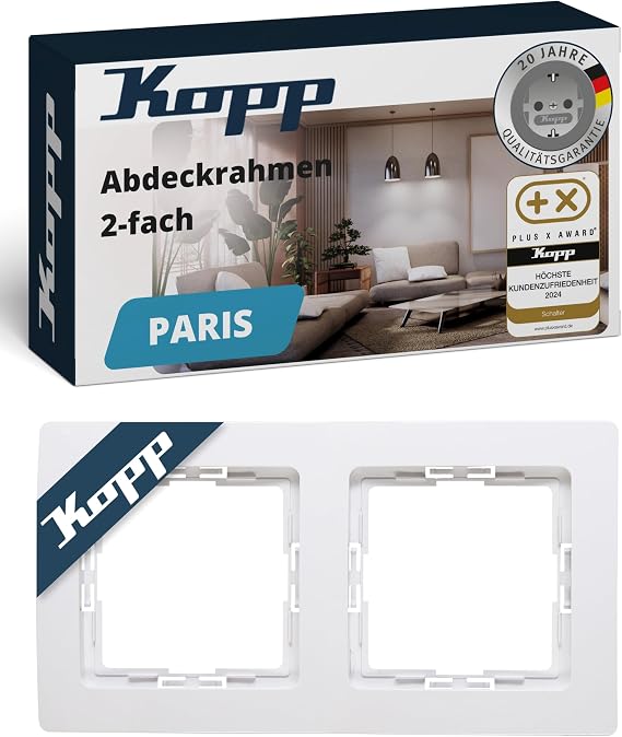 Kopp PARIS 2-fach Abdeckrahmen in Arktis-Weiß - 83 x 154 cm - Rahmen für Steckdosen & Schalter - Stilvoller Steckdosenrahmen aus Kunststoff - Hochwertiger Lichtschalter-Rahmen