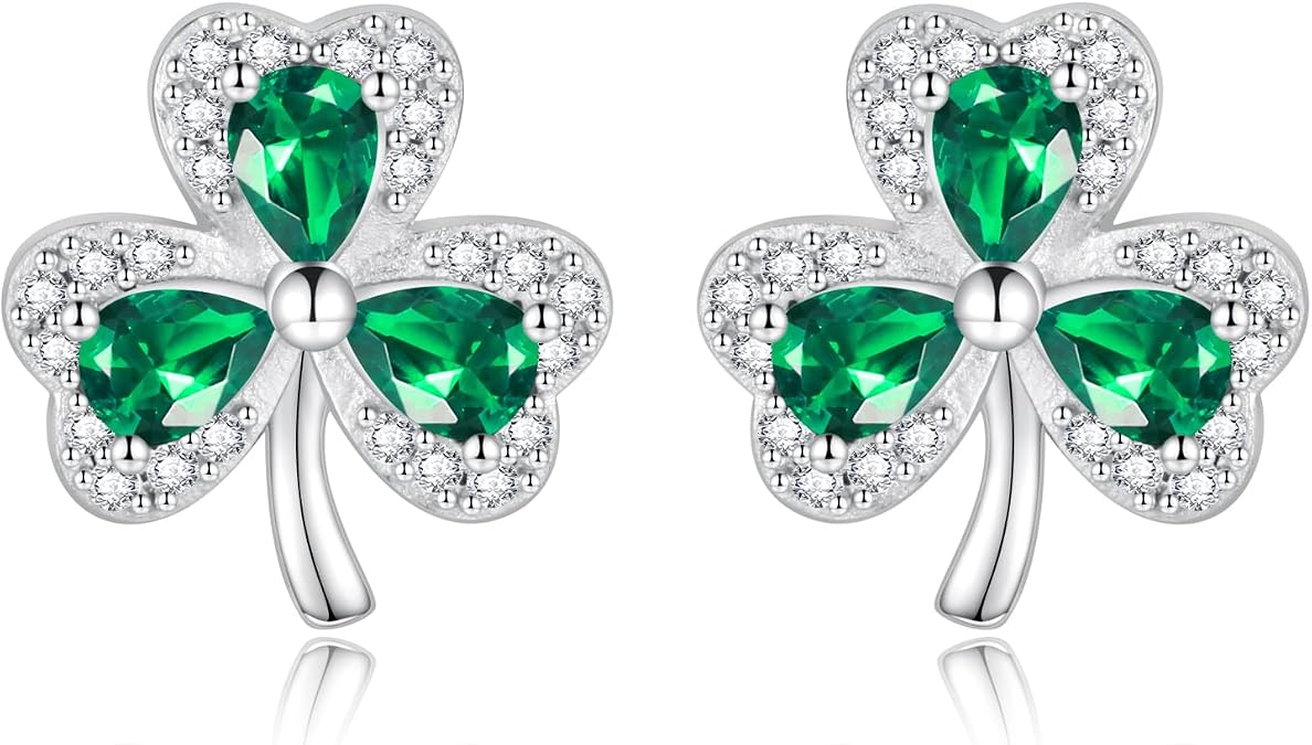 925 Sterling Silver Clover Stud Earrings Shamrock Irish Ear Studs St Patricks Day Jewelry Gifts for Women