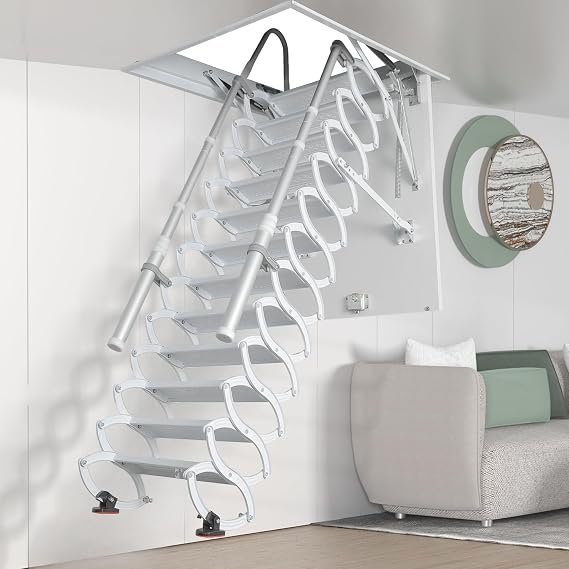 12 Steps Ceiling Mounted Attic Ladder, Retractable Pull Down System Attic Stairs, Telescopic Loft Stairs with Pull Rod, Ceiling Folding Loft Ladder with Handrail for Basement (White, Steps 12)