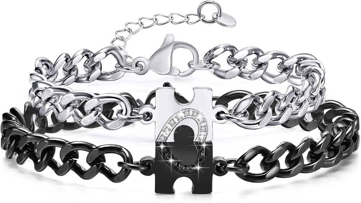 Matching Bracelets for Couples : Long Distance Relationship Gifts Puzzle Heart Stainless Steel Bracelets for Women Men His Hers Bracelets Set for Bf gf Husband Wife Friends Anniversary Promise Gift