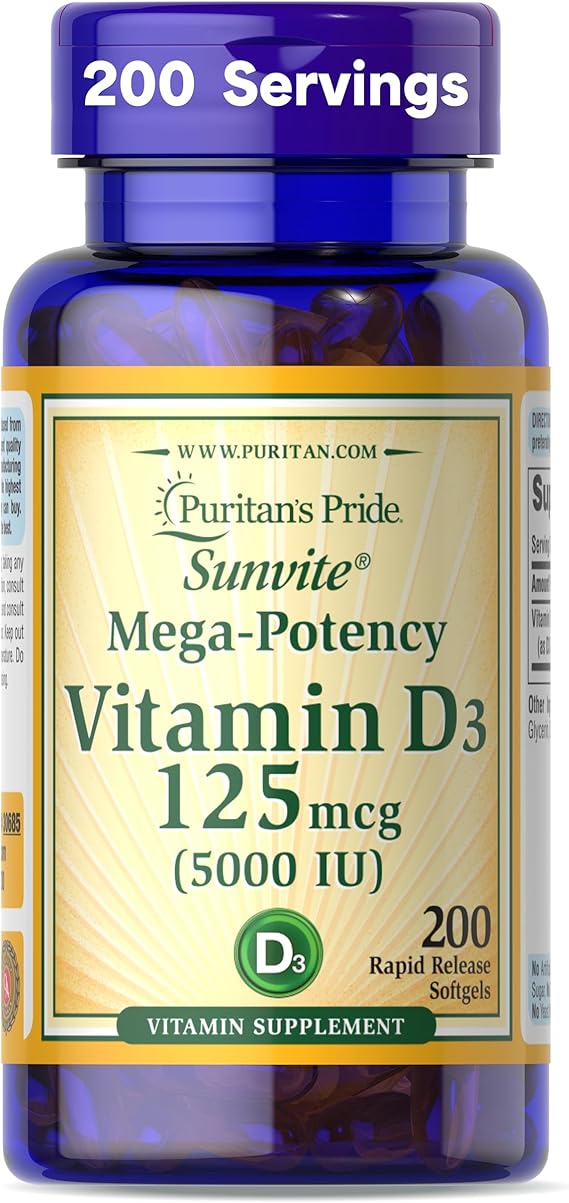 Puritan's Pride Premium SunviteTM Mega-Potency Vitamin D3 5,000 IU, Dietary Supplement for Healthy Bones, Teeth, and Immune System Support, 200 Rapid Release Softgels (Packaging May Vary)