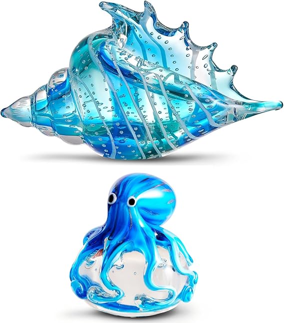 EUSTUMA Hand Blown Glass Conch Octopus Figurine Ornament,Sea Animals Collection for Birthday Gift,Glass Office Paperweight for Desk.