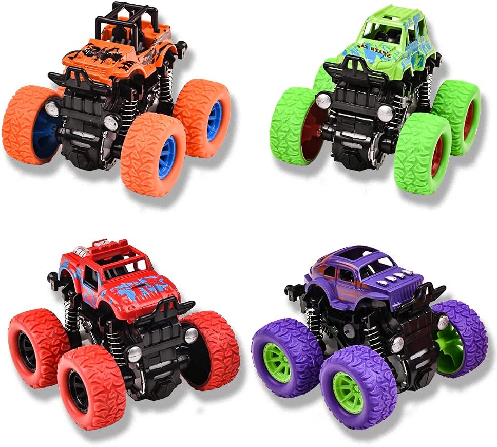Monster Truck Boys 4 Pack Pull Back Car for Toddlers 360 Degree Rotation 4 Wheel Drive Heavy Duty Friction Car Powered Push and Go Toy Track Playset 3 4 5 6 7 8 Years Old Kids Girls Gift