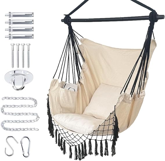 Hammock Chair Hanging Rope Swing Chair,Max 450 Lbs, Large Hanging Chair with Pocket, 2 Cushions, Removable Steel Bar, Hardware Kit Included, Sturdy and Comfortable for Indoor Outdoor (Beige)
