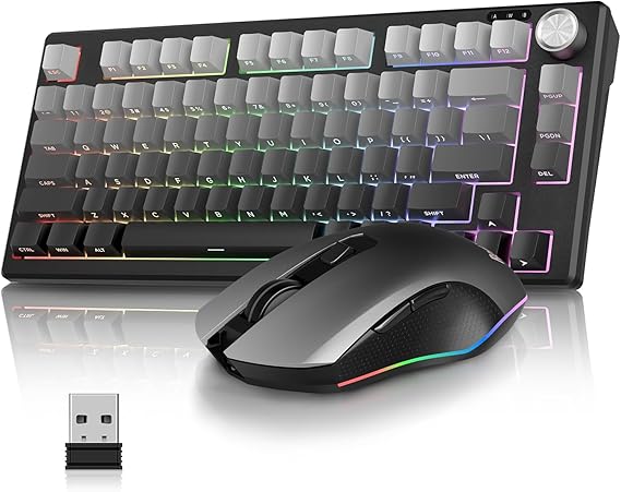 RedThunder K75 75% Wireless Membrane Keyboard and Mouse,3-Mode 2.4G/BT/USB-C,US Layout Side-Engraved,Volume Knob,TKL Ultra Compact Design,Optical Gaming Mouse with 4800DPI for PC Mac (Gradient Gray)