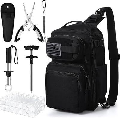 9 Pcs Fishing Tool Kit Pliers Gear and Equipment Include Large Fishing Backpack, Tackle Box, Gripper, Plier, Lanyard, Hook Separator, Sheath, Patches