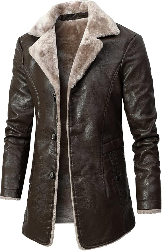Men's Winter Faux Pu Leather Jacket Warm Fleece Lined Long Trench Coats Fur Collar Button Up Jacket Arctic Parka
