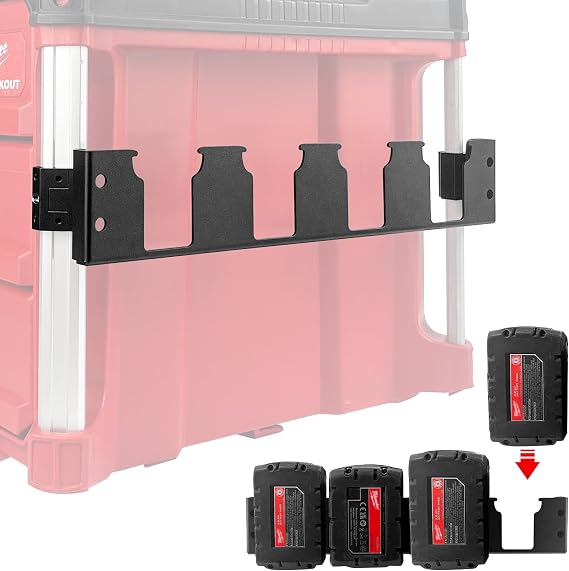 4 Slots Battery Holder Compatible with Milwaukee 18V Battery,Effortless Side Storage Solution Fit for Milwaukee Packout System,Corner Rail clips Including,Securely Store Your Batteries with Ease