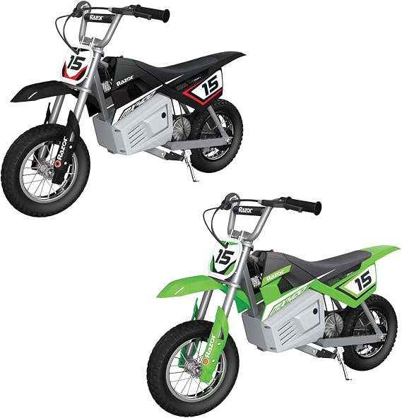 Razor Kid and Teen Dirt Rocket 24 Volts High Torque Electric Motorcycle with Pneumatic Tires, Speeds up to 14 Miles Per Hour, 2 Pack, Black/Green