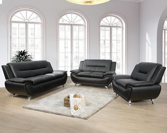Living Room Sofa Set, Faux Leather Sofa and Loveseat with Chair, Black Leather Couch Set for Living Room/Apartment/Office/Reception (Black)