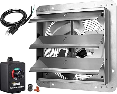 iPower 14 Inch Wall Mounted Shutter Exhaust Fan with Speed Controller and Power Cord Kit, Aluminum, 1600 RPM, 1000 CFM, for Attic, Garage, Louvered Vent, Plant, Greenhouse, Silver