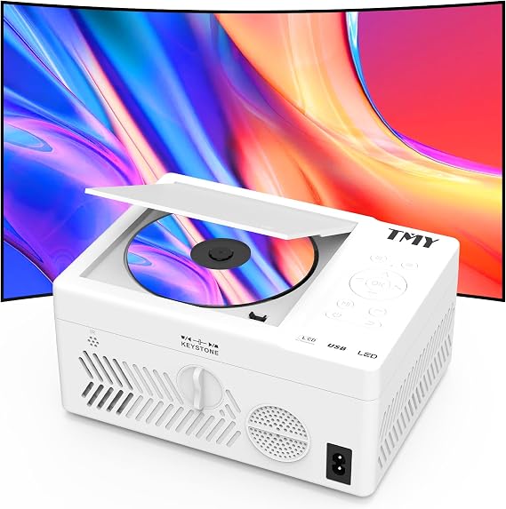 TMY Bluetooth Projector with DVD Player Built in, 1080P Mini Projector, Portable DVD Projector for Outdoor Movies, Compatible with Smartphone/PC/TV Stick/HDMI/USB/TF (white)