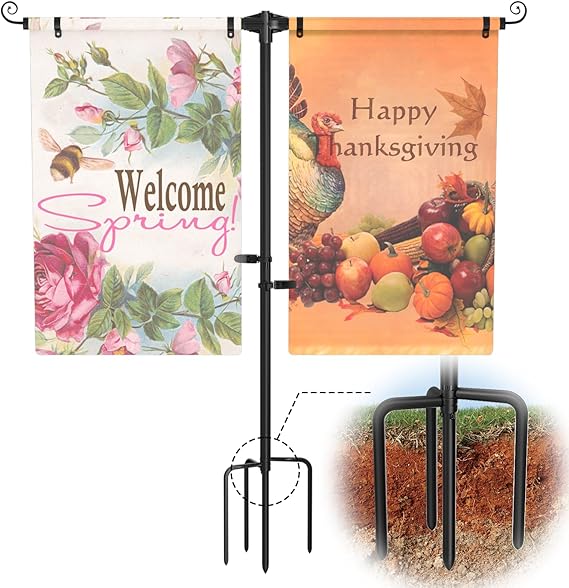 Garden Flag Stand Holder w/4-Prong Base, 3/4 Inch Extra Thick Heavy Duty Yard Flag Holder for Double Small Flags 12x18, Garden Flag Pole for Outside Patio Decor