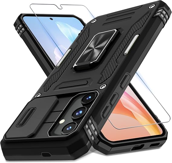 DEERLAMN Case for Samsung Galaxy S25 Plus/S24 Plus 6.7-Inch with Slide Camera Cover+Screen Protector(1 Pack), Rotated Ring Kickstand Military Grade Shockproof Protective Cover-Black