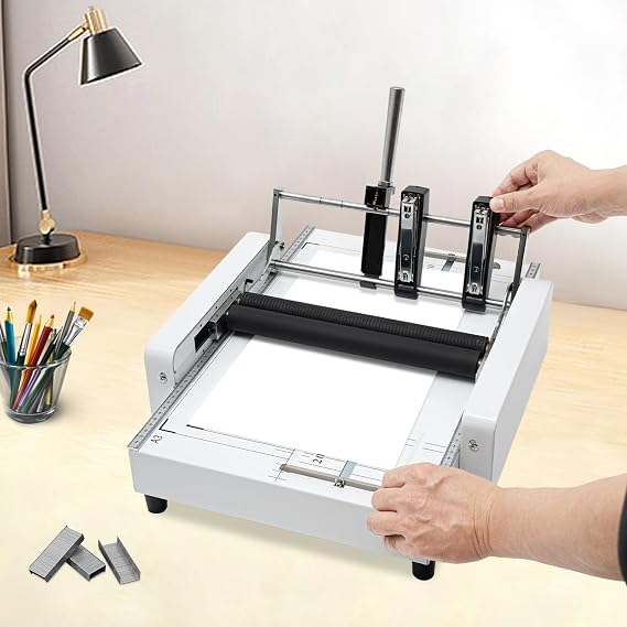Booklet Maker A3 Paper Folding Binding Machine, A3 Paper Folder Stapler Machine 2 in 1, Max 11.69 x 16.54, w/ 1 Box Staples for School Office and Print Stores