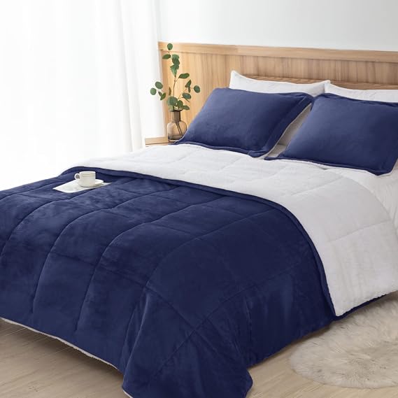 Sherpa Comforter Set Full Queen Size, Navy Blue Bedding Set with Shams